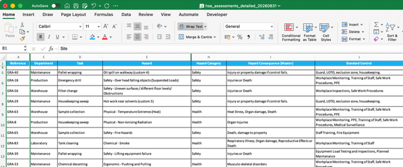 Excel export of HSE assessments with hazards, consequences and controls
