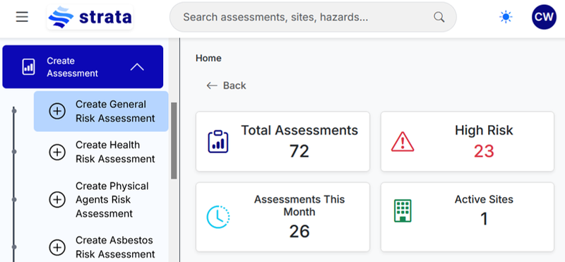 Strata home dashboard showing assessment totals and create-assessment menu